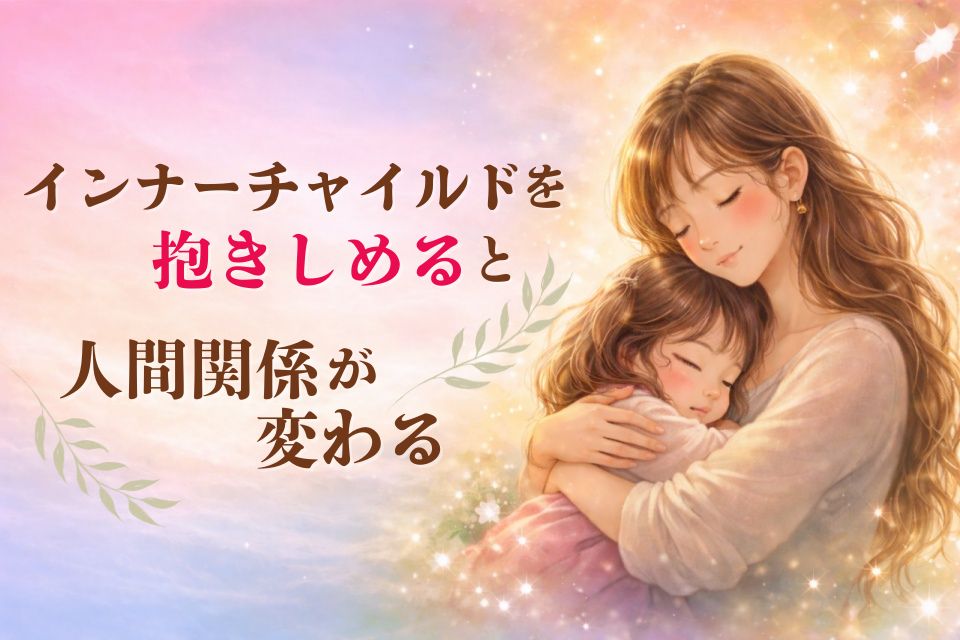 インナーチャイルドを優しく抱きしめる母と子のイラスト｜人間関係が変わる心の癒しイメージ