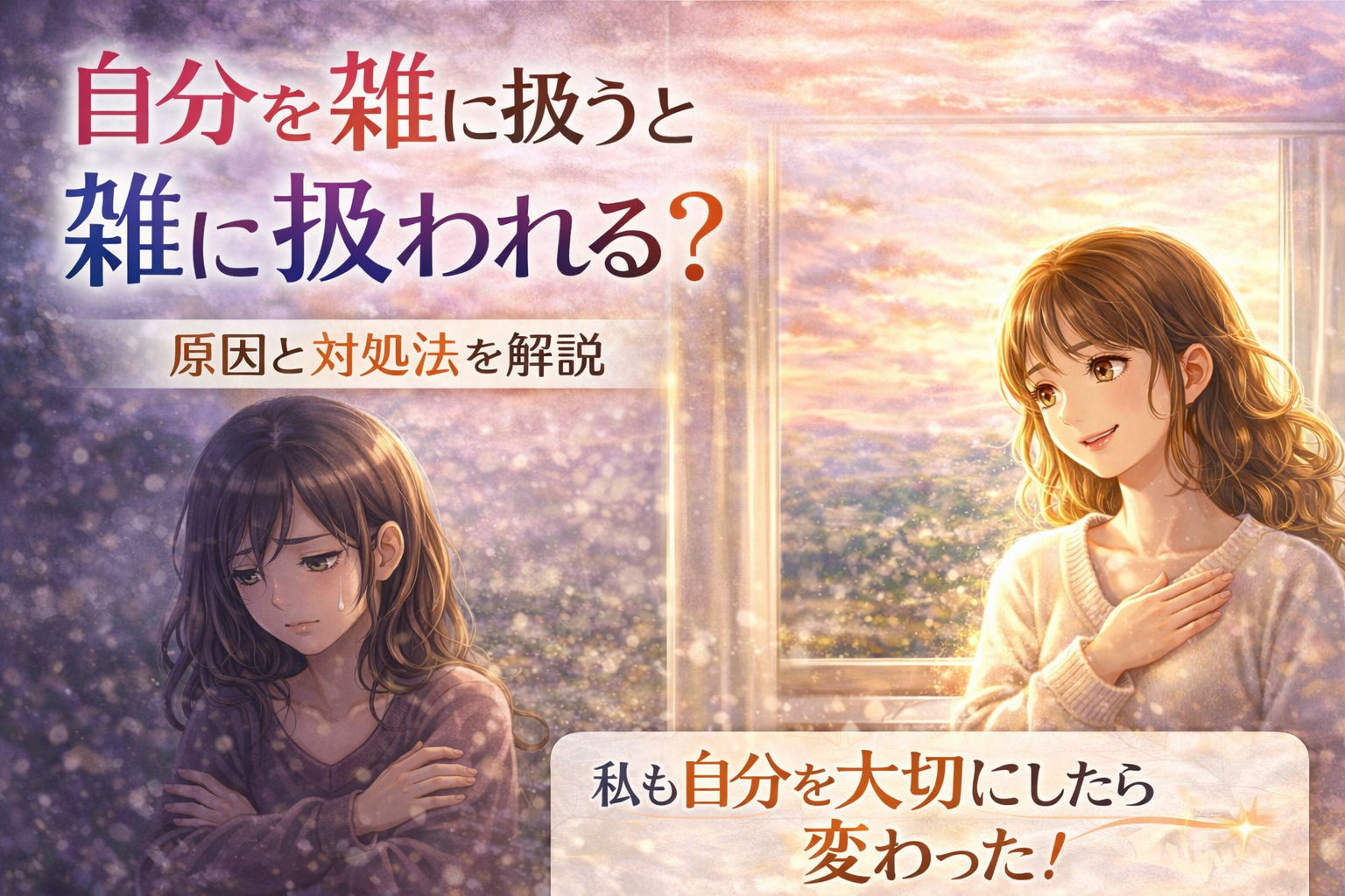 自分を雑に扱うと雑に扱われる原因と対処法を表現したイラスト｜落ち込む女性と自分を大切にする女性の対比